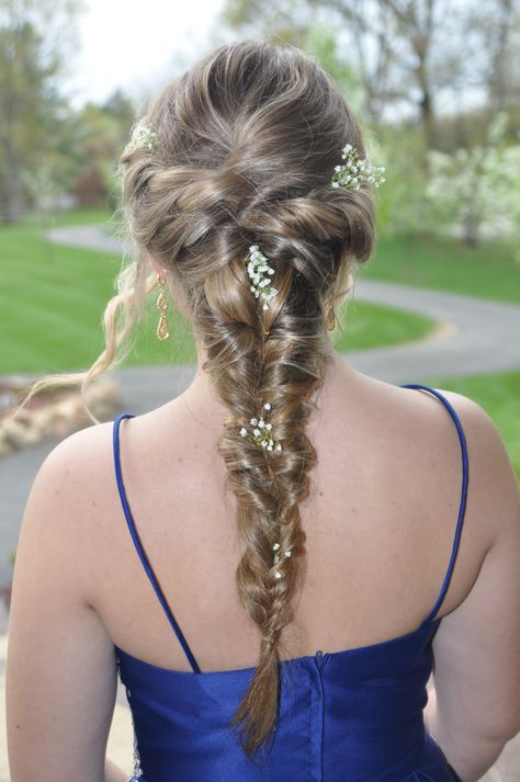 Hoco Braided Hairstyles, Braid For Formal Event, Braided Ponytail Hairstyles Prom, Prom Hairstyles Plait, Prom Hair Plait, Fancy Braided Hairstyles Prom, 2024 Prom Hair, Prom Hair With Braid, Prom Hairstyles With Flowers