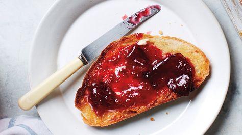 The skins from stone fruit will contribute color and flavor to the jam. But for a smoother mixture, you can lift the skins out of the cooked jam with a fork. Jam On Toast, Diy Salad, Plum Jam Recipes, Canned Plums, Morning Toast, Pickle Recipes, Rhubarb Jam, Plum Jam, Fruit Toppings