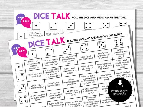 Icebreakers | Dice Talk Roll and Speak Game | Table Talk Dice | Conversation Starter Game | Party Starter Game | Getting To Know You by HotChocolateachables on Etsy Human Bingo, Icebreaker Questions, Ice Breaker Questions, Party Starters, Icebreakers, Vocabulary Games, Table Talk, Game Party, Game Prices