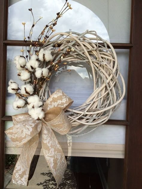 Whitewashed grapevine wreath with cotton spray and burlap lace ribbon by… Wreath With Cotton, Cotton Wreaths, Easter Door Decor, Cotton Decor, Easter Door Hanger, Vine Wreath, Cotton Wreath, Grapevine Wreaths, Burlap Lace