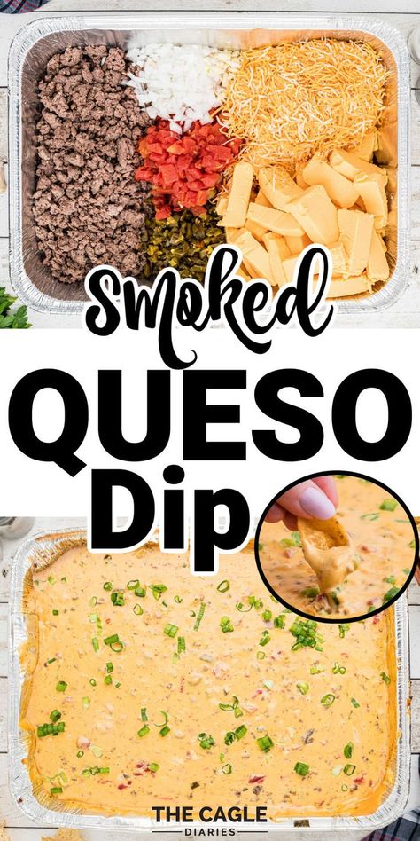 two images of a foil pan with queso dip. The first image has the ingredients, before being smoked. The second image has the finished smoked queso dip with an image inlay of a chip being dipped into the Queso Dip. Breakfast Sausage Dip, Sausage Dip Recipes, Smoked Queso Dip, Simple Party Food, Smoked Queso, Queso Dip Recipe, Venison Burgers, Sausage Dip, New Years Appetizers