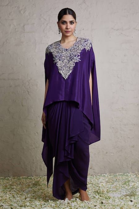 Buy Purple Kaftan Silk Embroidered Flower Neckline And Dhoti Skirt Set For Women by Prisho Online at Aza Fashions. Dark Purple Suit Women, Purple Kaftan, Dhoti Skirt, Kaftan Pattern, Purple Lehenga, Indian Outfits Lehenga, Pearl Embroidery, Traditional Indian Dress, Computer Embroidery