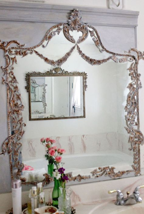 How to Turn Your Builder Grade Mirrors into Vintage French Treasures | Hometalk Big Mirrors, Frosted Glass Spray, Wide Bathroom, Mirror Frame Diy, Trumeau Mirror, Big Mirror, Builder Grade, Ornate Mirror, Mirrors Edge