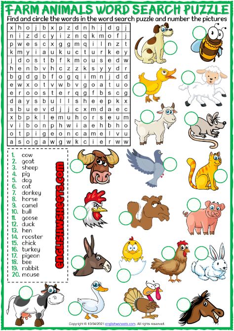 Esl Animals Worksheet, Farm Animal Word Search, Animal Vocabulary Worksheet, Farm Animals Worksheet, Animal Word Search, Farm Worksheet, Printable Farm Animals, Animals Worksheet, Puzzles Printable