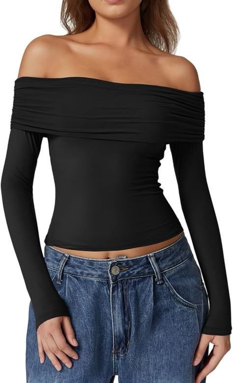 QINSEN Going Out Tops for Women Off The Shoulder Long Sleeve T Shirt Slim Fitted Tee Black XS at Amazon Women’s Clothing store Going Out Crop Tops, Black Off Shoulder Top, Stretchy Crop Tops, Off The Shoulder Tops, Black Off Shoulder, Spring Fashion Outfits, Outfit Inspo Casual, Black Long Sleeve Shirt, White Long Sleeve Shirt