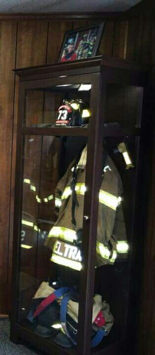 Turnout Gear Memorial Display Cabinet Memorial Display Cabinet, Firefighter Display, Firefighter Room Man Caves, Firefighter Memorabilia Display, Shadow Box For Firefighter, Fire Department Shadow Box Ideas, Firefighter Man Cave, Fire Decor, Fire Dept Decor