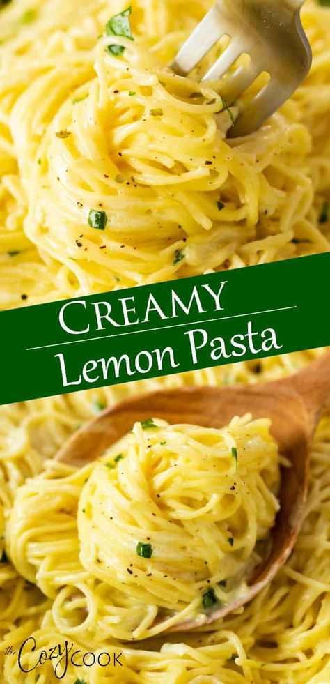 Meatless Spaghetti, Creamy Lemon Pasta, Lemon Pasta Recipes, Cozy Cook, Lemon Spaghetti, Meatless Meal, Easy Pasta Dinner, Chicken Shrimp, Pasta Sides