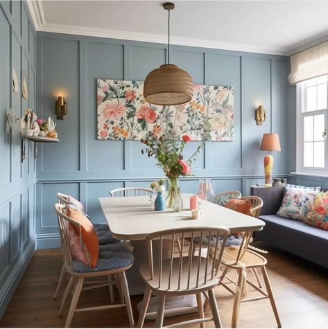 Unusual Panelling Ideas, Panelled Dining Room Ideas, Lounge Decor Panelling, Through Lounge Dining Room Ideas, Coloured Wainscotting, Living Room With Moulding, Panelling Dining Area, Dado Rail Dining Room, Kitchen Panelling Ideas