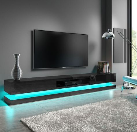 Led Tv Stand Design Living Rooms, Led Tv Furniture Design, Black Tv Unit Living Room, Black Gloss Tv Unit, High Gloss Tv Unit, Large Tv Unit, Black Feature Wall, Tv Unit Furniture Design, Feature Wall Living Room