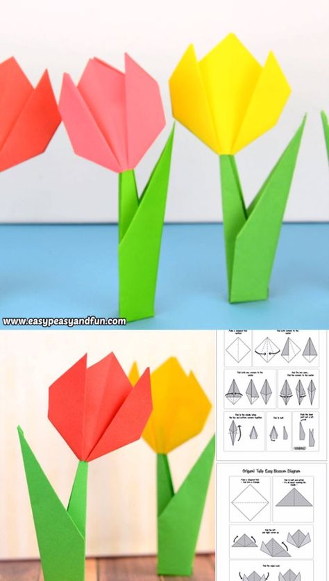 Learn how to make origami flowers – this origami tulip tutorial will teach you how to make a super easy flower that stands on it’s own! Tulip Tutorial, Origami Tulip, Flower Crafts Kids, Tutorial Origami, Kids Origami, Desain Quilling, Weihnachten Diy, Folding Origami, Instruções Origami