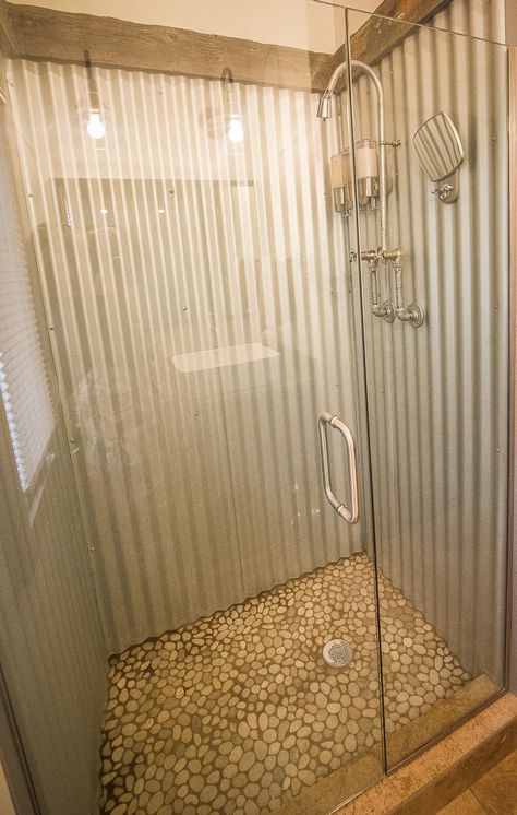 Corrugated Shower Walls, Metal Shower Walls Corrugated Tin, Corrugated Metal Shower Walls, Tin Shower Walls Rustic Bathrooms, Metal Shower Walls, Tin Shower Walls, Shower Wall Ideas, Rustic Shower Ideas, Tin Shower