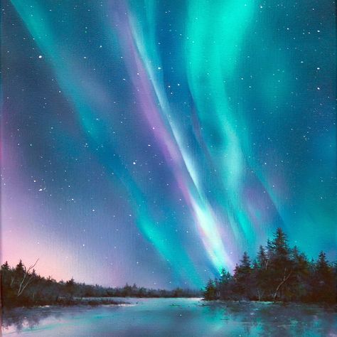 Fantasy Sky Art, Painting Aurora Borealis, Painting Aurora, Aurora Borealis Painting, Fantasy Sky, Sky Gift, Northern Lights Photography, Northern Lights Painting, Night Sky Art