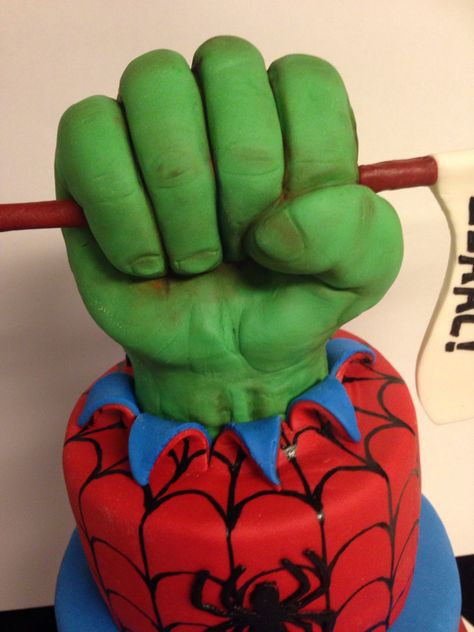 Rice Krispie treats and fondant hulk hand. Easy Hulk Cake, Hulk Cake Ideas Easy, Half Spiderman Half Hulk Cake, Hulk Buttercream Cake, Hulk Hand Fondant, Hulk Hands, Superhero Cake, Fondant Decorations, Baking Cakes Decoration