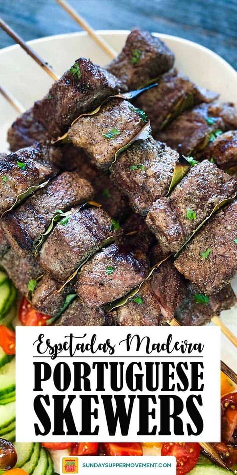 This Portuguese Beef Skewers recipe (also known as Espetada Madeira or Espetadas Madeira) is a classic Portuguese food recipe you will love on your grill! Certified Angus Beef® brand strip steaks seasoned with garlic powder, salt, and pepper, are grilled to perfection on skewers with bay leaves. This is the most flavorful steak kebabs recipe you will ever try! #SundaySupper #GetOutTheGrill #Steakholder #beef #easyrecipes #dinners #steak #kebabs #kebab #steakkebabs #grilling #grilled via @thesun Espetada Recipe, Steak Kebab Recipes, Strip Steaks, Best Roast Beef, Steak Kebabs, Grilled Beef Recipes, Best Beef Recipes, Beef Kabobs, Beef Skewers