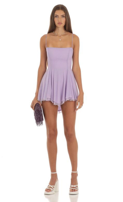 Eureka Mesh Flare Dress in Purple | LUCY IN THE SKY Lavender Hoco Dress, Purple Hoco Dresses, Purple Summer Dress, Purple Homecoming Dress, Edgy Dress, Lucy In The Sky, Casual Day Dresses, Corset Mini Dress, Purple Mini Dresses