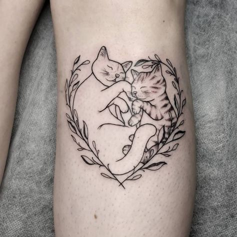 Tattoo Of Two Cats, Cat Tattoo Two Cats, Double Cat Tattoo, 2 Cat Tattoo Designs, Tattoo Ideas For Cats, Cat Arm Tattoo, Two Cat Tattoo, 2 Cats Tattoo, Tabby Cat Tattoo