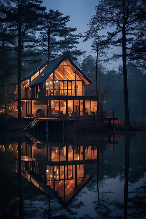 Forest Lake House, House Near Water, Spring Cabin, House Near Lake, Modern Cabin House, Midnight Swim, House Lake, Jungle House, Cottage Lake