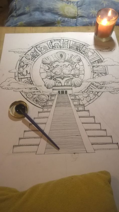 Inca tattoo plan, not ready                                                                                                                                                                                 More Mayan Aztec Tattoo, Aztec Back Tattoo Women, Aztec Pyramid Tattoo Design, Aztec Temple Tattoo, Aztec Drawing Sketches, Aztec Tattoo For Women, Aztec Tattoo Designs For Women Beautiful, Mayan Calendar Tattoo, Mayan Art Tattoo