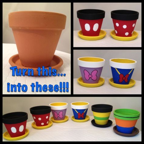 Flowerpot Tutorial - easily paint plain old boring flower pots to look like your favorite Disney characters! Deco Disney, Disney Garden, Diy Paint Projects, Disney Classroom, Mickey Mouse Birthday Party, Disney Home Decor, Mickey Party, Mickey Birthday, Clay Pot Crafts