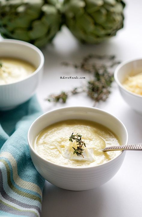 Creamy artichoke soup with parmesan and sour cream – Adore Foods Best Artichoke Recipe, Bisque Soup Recipes, Lobster Bisque Soup, Artichoke Soup, Parmesan Soup, Bisque Soup, Spring Recipe, Soups Recipes, Artichoke Recipes