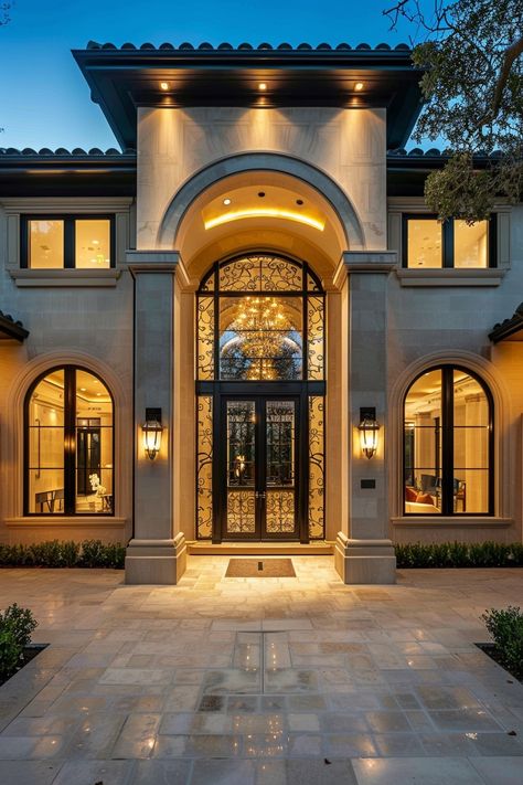 Mediterranean mansion grand arch entrance. Discover these amazing Mediterranean mansions that make you see luxurious seaside retreats in a new light. Front Door Mediterranean Entryway, House Grand Entrance, Mediterranean Homes Aesthetic, Grand House Exterior, Mediterranean Mansion Exterior, Luxury Entrance Design, Modern Mediterranean Homes Exterior, Modern Mediterranean House Design, Mediterranean Architecture Modern