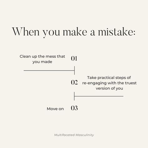 We all make mistakes, the question is, how do you respond when it happens? . It's always uncomfortable to own your mistakes, but doing so helps you maintain an internal integrity which keeps you connected to your highest self. . "Sweeping it under the rug" may feel good in the moment but inevitably creates a bigger mess that drains you emotionally. . Be willing to own your mistakes... . Then be willing to grow from them and move on. Quotes About Owning Up To Your Mistakes, Moving On From Mistakes, Quotes On Making Mistakes, Deep Emotional Questions, Moving By Yourself, It’s Okay To Make Mistakes, It’s Ok To Make Mistakes, Quotes About Mistakes, Own Your Mistakes