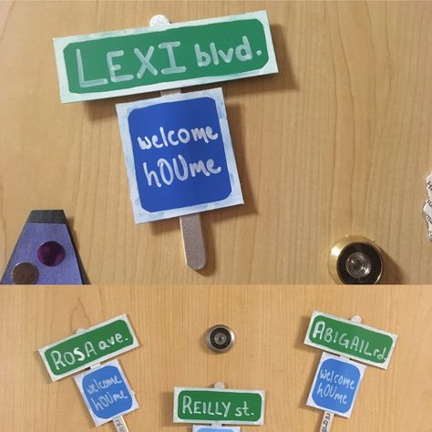 street sign door decs made with paint chips, popsicle sticks, and paint pens #reslife #doordec #doordecs #ra #residentassistant Doordecs Ra, Door Decorations College, Dorm Door, Door Decks, Res Life, Resident Assistant, Door Decs, Ra Ideas, Dorm Ideas