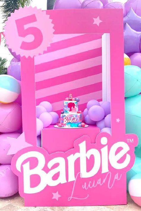 Take a look at this fabulous Barbie birthday party! The party decorations are incredible! See more party ideas and share yours at CatchMyParty.com Barbie Cakes For Girls Birthday Kids, 5th Barbie Birthday Party, Barbie Dessert Table, Barbie Cake Ideas, Girls Barbie Birthday Party, Barbie Birthday Party Ideas, Barbie Bday, Barbie Decorations, Barbie Pool Party