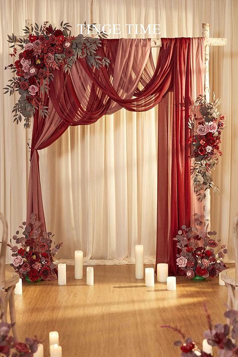 Wedding arch flowers are made of high-quality silk and foam, main flower is dark red peony, large dahlia，red rose, dotted with gradient red rose, bean paste oncidium, epiphyllum, and ranunculus for a rustic and romantic spin. Diy Flower Arrangements Wedding, Ceremony Arbor, Arch Arrangement, Wedding Arch Draping, Arch Draping, Arbor Wedding, Flower Birthday Party, Reception Backdrop, Church Wedding Decorations