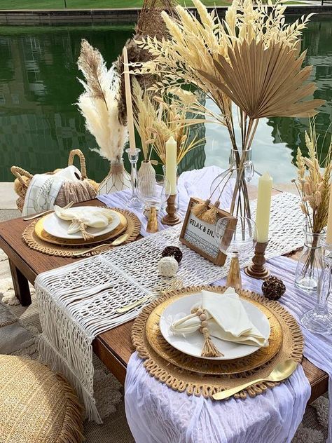 Gold Picnic Decor, Rattan Table Decor, Boho Chic Table Setting, Bohemian Table Setting, Picnic Tablescape, Picnic Table Decor, Cheesecloth Runner, Rustic Picnic, Boho Wedding Guest Book