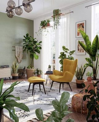 7 Tips to decorate your home with plants in a dreamy way 2021 Interior Design Trends, Green Walls Living Room, Sage Green Living Room, Green Living Room Decor, Green Accent Walls, نباتات منزلية, Interior Design Per La Casa, Yellow Living Room, Living Room Green