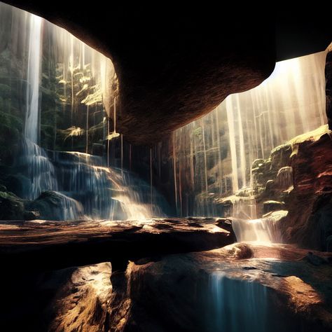 Cave Home Fantasy Art, Crave Book, Underground Waterfall, Waterfall Cave, Fairytale Kingdom, Waterfall Building, Public Restaurant, Canyon City, Concert Venues