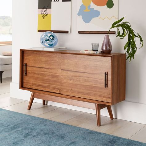 Mid-Century Narrow Media Console (48") | West Elm Mid Century Media Console, Mid Century Console, 60s Furniture, Oversized Furniture, Mid Century Modern Interiors, Media Cabinet, Plywood Furniture, Mid Century Modern Decor, Media Console