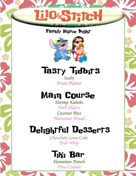 Lilo and Stitch menu  Disney Family Movie Night   Lilo and Stitch Disney Movie Night Menu Lilo And Stitch, Disney Movie Theme Meals, Disney Princess Movie Night, Family Themed Movie Nights, Dinner And A Movie Menu Disney Family, Movie Night Recipes Dinners, Disney Dinner And Movie Night Lilo And Stitch, Lilo And Stitch Inspired Food, Lilo And Stitch Themed Dinner