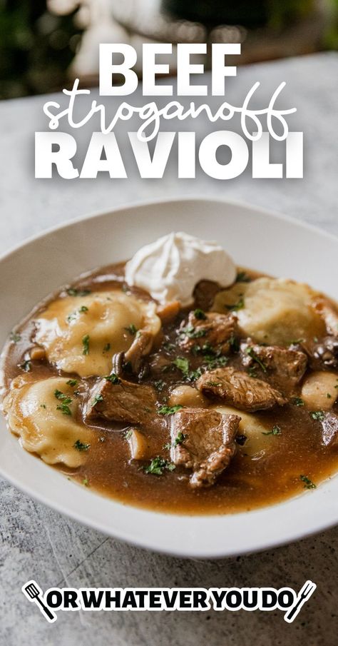 Beef Stroganoff Ravioli Beef Ravioli Recipe, Prime Rib Recipe Easy, Leftover Prime Rib Recipes, Beef Ravioli, Homemade Beef Stroganoff, Beef With Mushroom, Mushroom Ravioli, Outdoor Cooking Recipes, Easy Pasta Salad Recipe