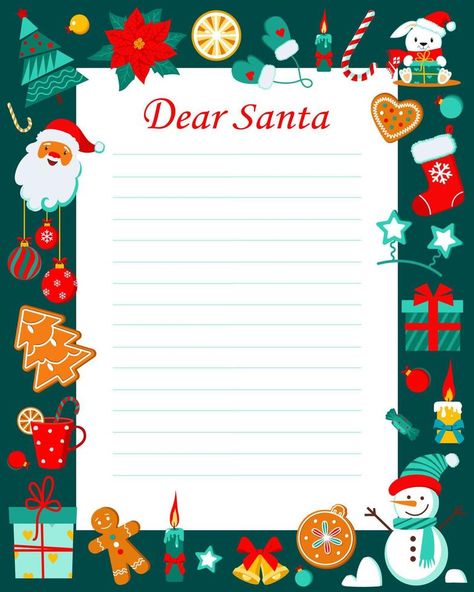 Letter to Santa Claus  template with Christmas characters. Christmas wish list. Dear Santa printable template for kids. Vector illustration Carta A Santa Claus, Santa Claus Template, Dear Santa Printable, Santa Claus Letter Template, Christmas Santa List, Christmas List Template, Santa Claus Letter, Santa Printable, Santa Letter Printable