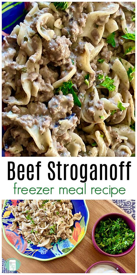 Beef Stroganoff is classic comfort food at its finest. This recipe can be made ahead as a freezer meal, making it easy and scrumptious. #comfortfood #easyrecipe #freezermeals101 #freezercooking #makeaheadmeals #makeahead #beefrecipes #beefstroganoff Beef Stroganoff Freezer Meal, Hamburger Freezer Meals, Beef Freezer Meals, Freezer Meal Recipes, Freeze Ahead Meals, Best Freezer Meals, Freezer Dinners, Ground Beef Stroganoff, Freezer Friendly Meals