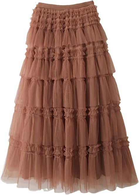 Ruffled layered brown Korean skirt Brown Korean, Maxi Tulle Skirt, Long Pleated Skirt, Korean Skirt, Gauze Skirts, Celebrity Party, Women Korean Fashion, Tulle Maxi Skirt, Pleated Long Skirt