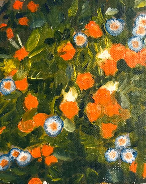 Orange Flowers Painting, Blue Flower Painting, Orange Painting, Monet Paintings, Green Paintings, Orange Aesthetic, Orange Oil, Garden Painting, Oil Painting Flowers