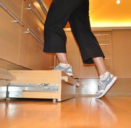 Toe-kick drawer and step | AFriendlyHouse Lower Kitchen Cabinets, Barrier Free Design, Kitchen Step Stool, Step Stools, Kitchen Redo, Universal Design, Kitchen Remodel Idea, Dream Kitchen, Kitchen Renovation