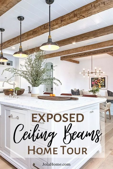 Beam Separating Kitchen And Living Room, Wood Beam Ceiling Kitchen, Wood Beam Ceiling Living Room, Fake Beams Ceiling, Beam In Kitchen, Rustic Ceiling Beams, Exposed Ceiling Beams, Ceiling Beams Living Room, Vaulted Ceiling Beams