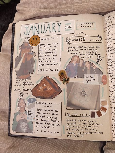 recap of my january 2023 monthly recap/january/2023/journal page/inspiration/collage/pictures/notebook/hobby/crafty Months Scrapbook Ideas, Month Diary Ideas, Diary Monthly Ideas, Scrapbook Month Page, Picture Notebook Ideas, January Scrapbook Page Ideas, Diary Collage Ideas, Friendship Journal Ideas Pictures, Best Friend Notebook Page Ideas