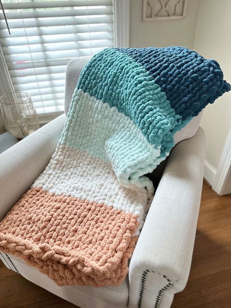 Coastal theme Hand Knitted Chunky Blanket Blue Knitted Blanket, Blankets To Make, Blue Crochet Blanket Color Schemes, Knit Blanket Pattern Free Chunky, Chunky Yarn Blanket Ideas, Christmas Chunky Knit Blanket, Hand Knitted Blanket, Chunky Knit Blankets, Chunky Knit Ideas