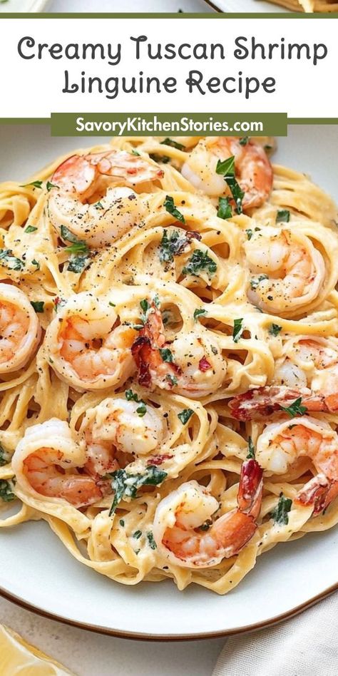 Looking for a delightful seafood dinner that’s both creamy and satisfying? This Creamy Tuscan Shrimp Linguine Recipe will elevate your weeknight meals with its rich flavors and fresh ingredients. Be sure to save this recipe for your next pasta night! Shrimp And Scallop Linguine Recipe, Linguine And Shrimp Recipes, Delicious Shrimp Dinner Recipes, Shrimp Bucatini Pasta, Shrimp Florentine Pasta, Seafood Linguine Recipe Creamy, Shrimp Boursin Pasta, Shrimp Linguine Recipe Alfredo, Pasta Linguine Recipes