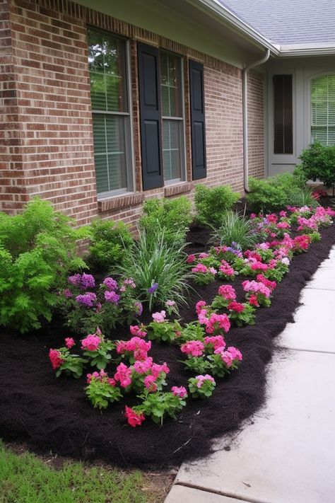 Get inspired by this stunning flower bed in front of a house! Vibrant neon colors, textured shading, and clean-lined design create a captivating display. The use of black mulch adds a chic touch. #FlowerBedIdeas #GardenInspiration Flower Bed With Black Mulch, Black Mulch Flower Bed, Black Rubber Mulch, Front Of A House, Rubber Mulch, Container Gardening Ideas, Neon Flowers, Outside House, Flower Bed Ideas