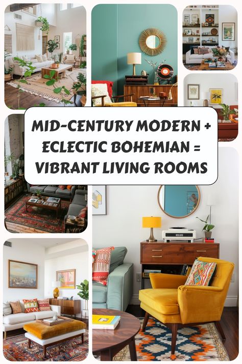 Combine mid-century modern with eclectic boho and you get stunning vibrant living rooms that you can explore in these examples and ideas. Eclectic Rustic Living Room, Mid Century Meets Boho, White Eclectic Living Room, Funky Family Room, World Market Living Room, Mid Mod Boho Living Room, Mcm Eclectic Living Room, Small Eclectic Apartment, Colorful Cozy Living Room