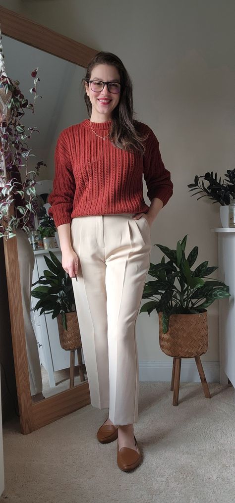 Knit sweater, tailored ankle pants and loafers. Business Sweater Outfits, Dress Pants With Sweater, Camel Corduroy Pants Outfits, Slacks And Sweater Outfit, Sweater And Slacks Outfit, Sweater Office Outfits, Pants And Sweater Outfit, Rust Sweater Outfit, Carrot Pants Outfit