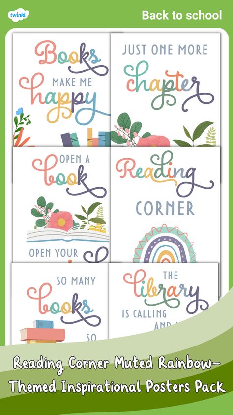 Reading Corner Muted Rainbow-Themed Inspirational Posters Pack Reading Corner Quotes Classroom, Reading Corner Poster, Inspirational Reading Quotes, Free Classroom Printables, Reading Corner Kids, Library Corner, Reading Corner Classroom, Reading Inspiration, Inspirational Readings