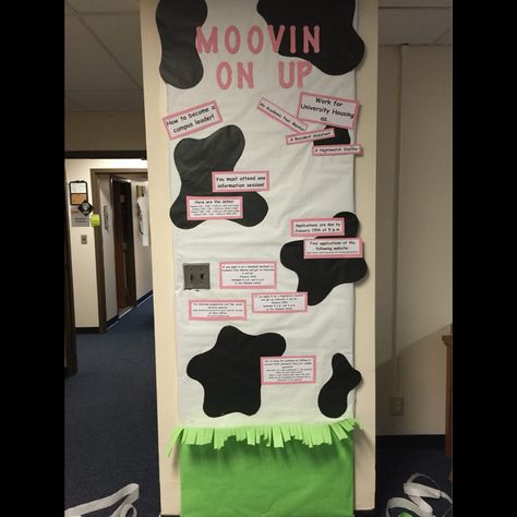 January bulletin board. Campus housing jobs. Cow themed Cow Print Bulletin Board, Cow Door Decs, Cow Bulletin Board Ideas, Farm Bulletin Board, Ra Door Decs, College Bulletin Boards, Ra Themes, January Bulletin Boards, Ra Bulletins