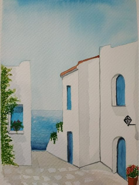 Greece Drawing, Greece Painting, Blue Doors, Watercolor Architecture, Watercolor Paintings For Beginners, Watercolor Paintings Easy, Landscape Art Painting, Cityscape Art, Painting Art Lesson